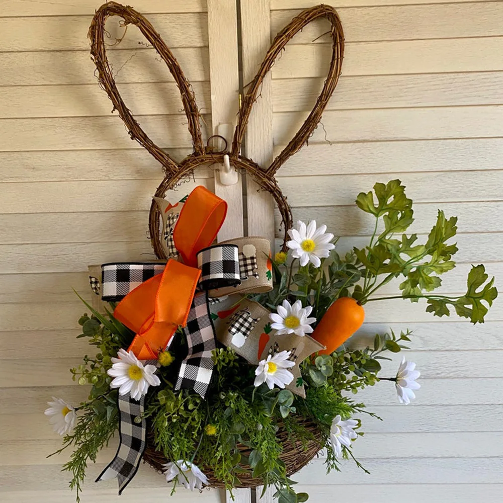 2023 New Easter Day Rabbit Hanging Wreath Garland Basket Wicker Decorated with Carrots Daisies Faux Plants