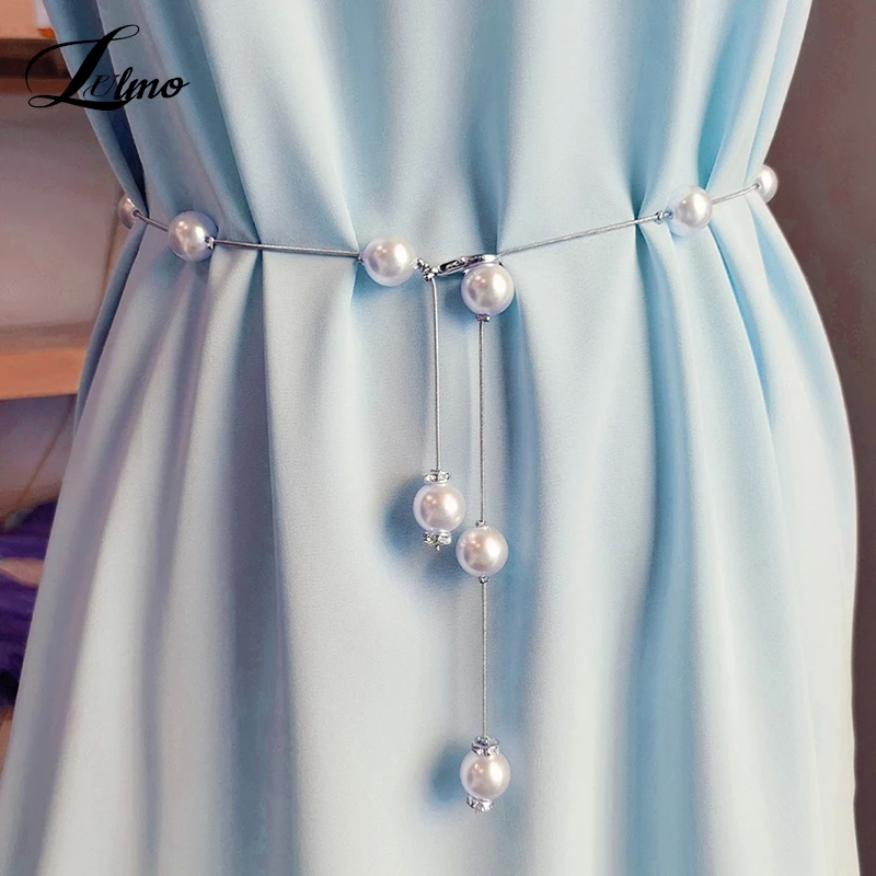 

Elegant Pearl Women's Belt Simple Adjustable Metal Thin Chain Belt For Ladies Dress Skinny Waistband Decorative Jewelry