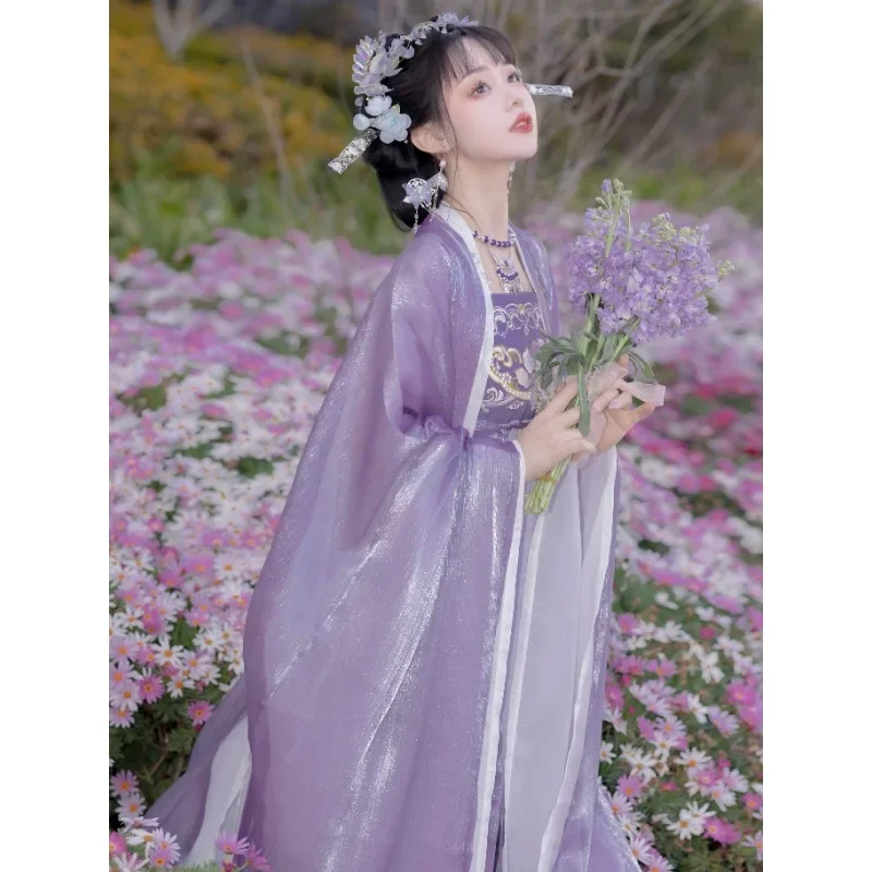 2024 Vintage Paarse Fee Cosplay Jurk Chinese Traditionele Dameskleding Tang-dynastie Bloemen Geborduurde Hanfu Jurk Pak