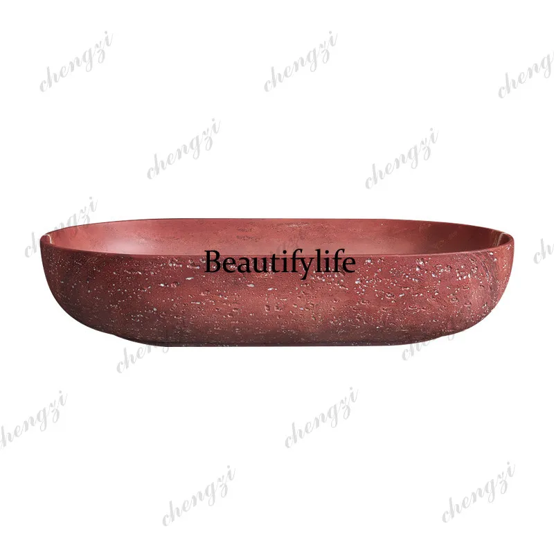 P37 Medieval wind wabi sandy wind red travertine stone platform basin column basin, wash basin hotel clubhouse