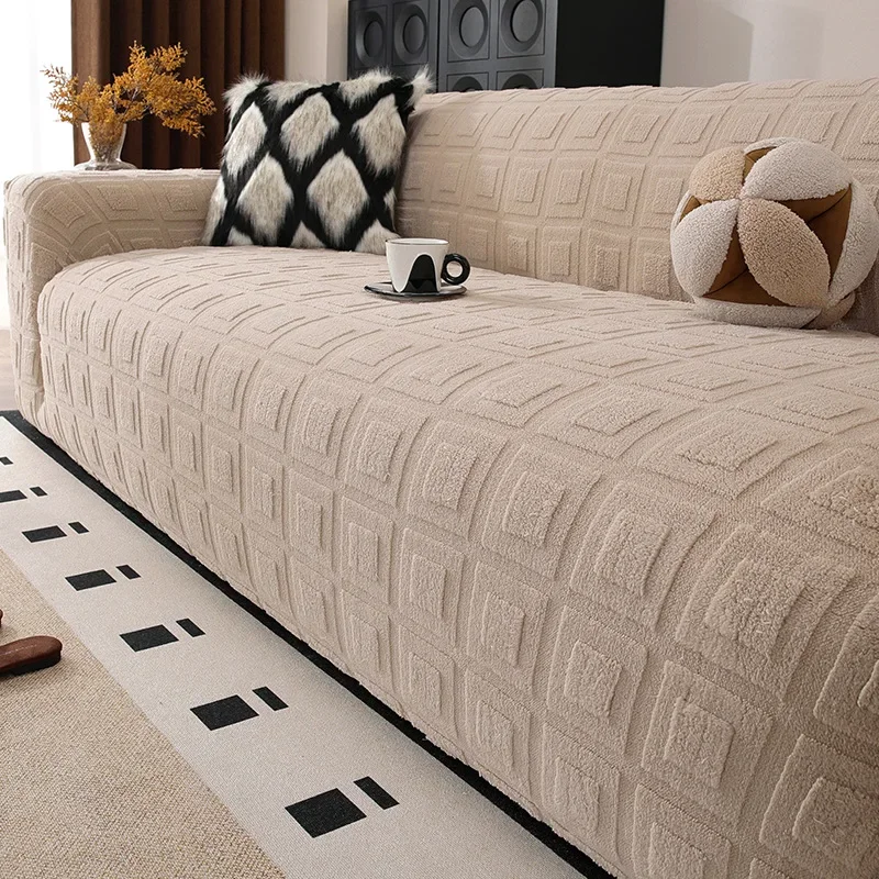 High Elastic Solid Color Teddy Warm Sofa Cover Thick Corner Couch Covers for Winter Anti-Scratch Pet Friendly Sofa Pad