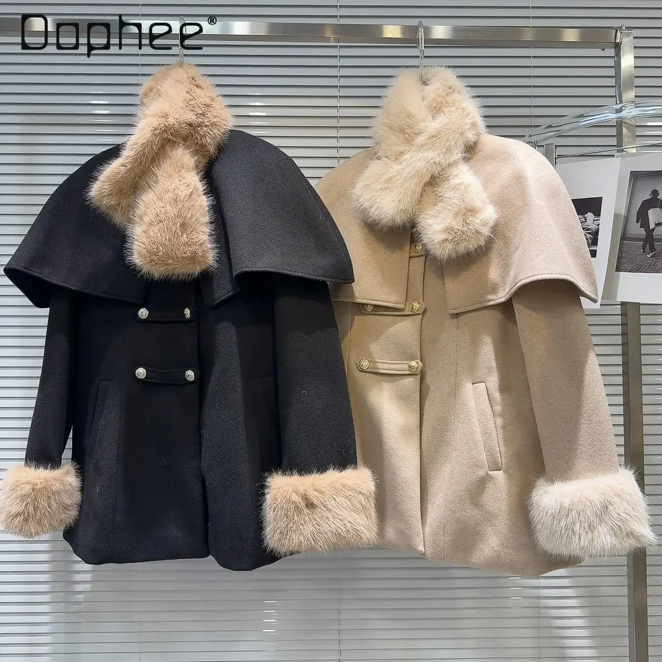 

2024 Winter New Wool Coat Temperament with Fur Scarf Shawl Detachable Padded Cotton Lace Up Jackets Casual Outwear Black Khaki