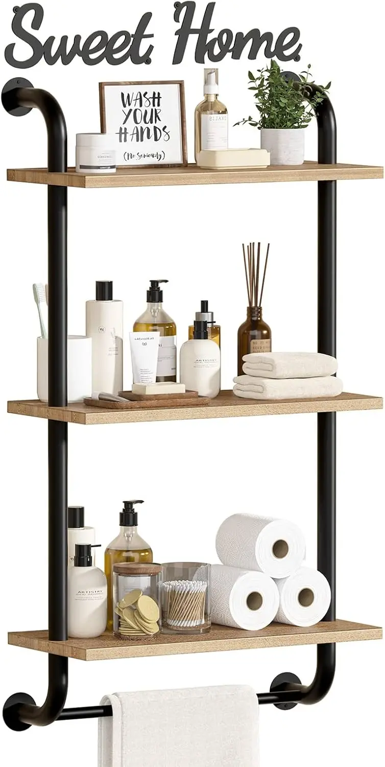 

Bathroom Shelves Wall Mounted, 3-Tier Rustic Wood Wall Shelf, 17.3 inch Industrial Pipe Floating Shelf for Bathroom,Kit
