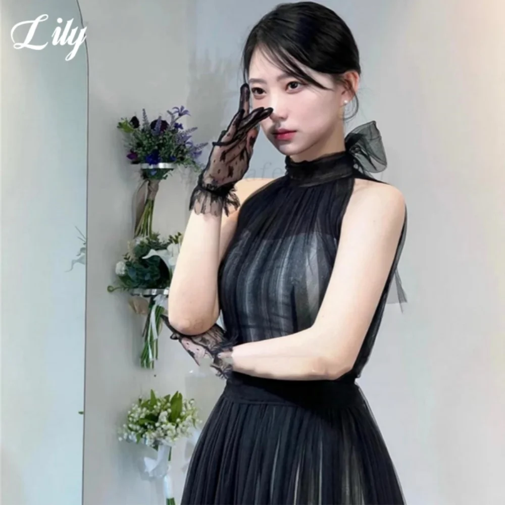 Lily Black Sexy Prom Dresses Halter Sleeveless Korea Long Prom Gown for Woman Tulle Party Dress for Wedding 프롬 드레스 Customized 2