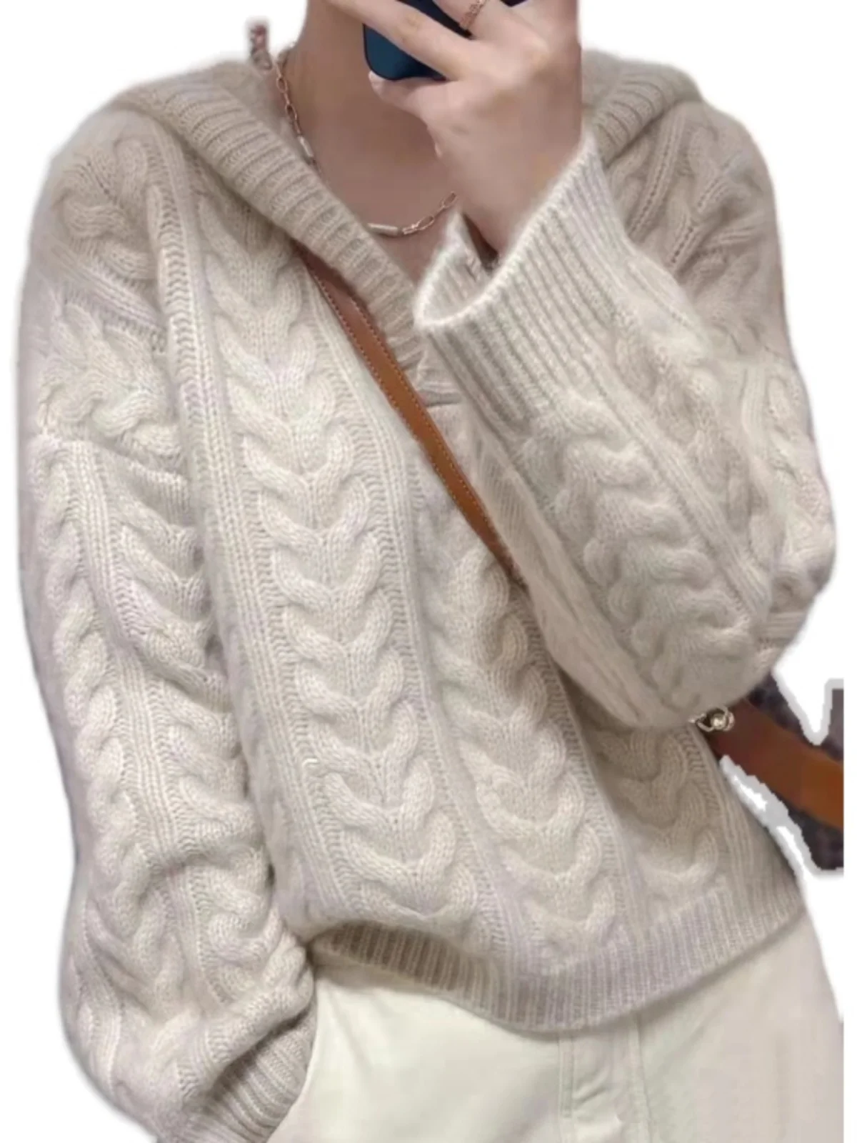 2024 Autumn New Loose Simple Long-sleeved Cashmere Knitted Sweater for Women Autumn/Winter Hooded Thick Trendy Sweater Jacket