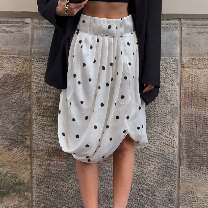 

Talenza White Polka Dot Skirt New High Waist Vintage Crash Pleated A-Line Printed Skirt Elegant Casual Summer Women Skirt Outfit