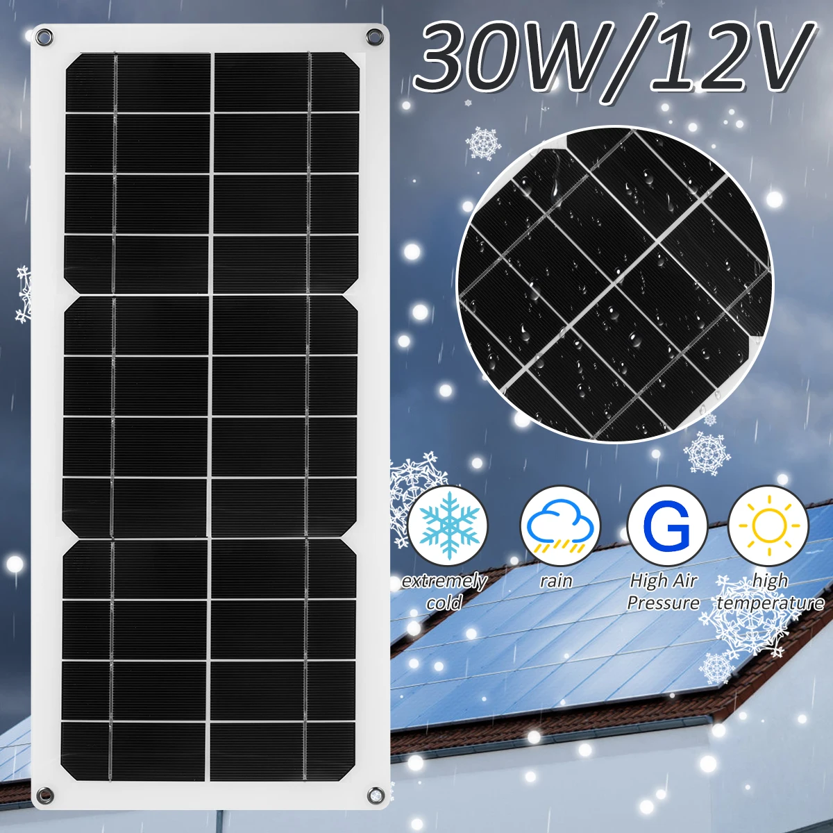 IP65Waterproof Solar Panel Kit 30W 12V Portable Solar Charger with USB Outdoor Battery Powered for Cars Motorcycles and Camping