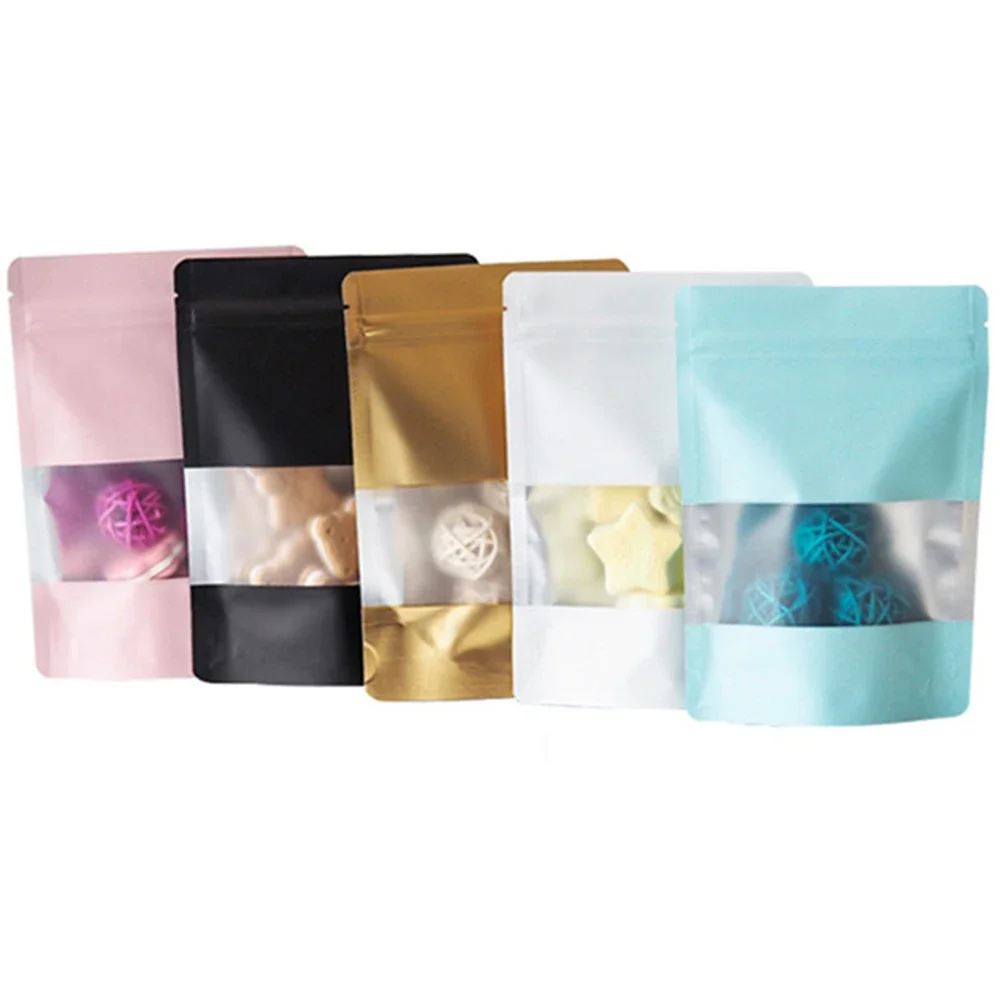 50Pcs Colorful Zip Lock Stand Up Aluminum Foil Bag with Frosted Window Reusable Resealable Tear Notch Self Seal Doypack Pouches