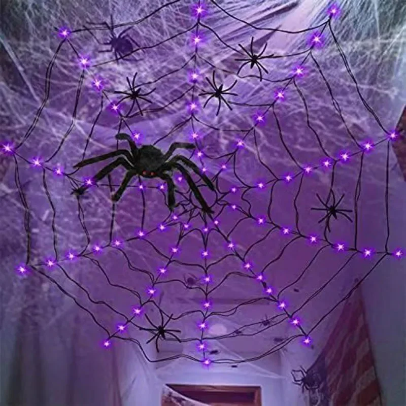 Luces Led de telaraña para decoración de Halloween, luz naranja y púrpura para interiores, exteriores, jardín, patio, suministros para el hogar