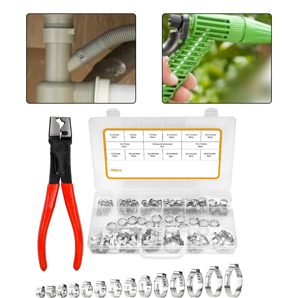 Stainless Steel Single Ear Hose Clamps 160 Piece Kit with Pliers for Securing Hoses in Industrial Applications