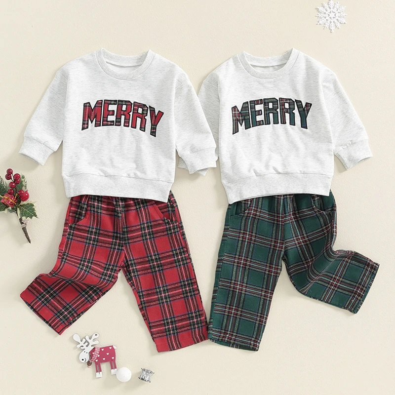 2024-06-13 Lioraitiin 6M-4Y Boys Girls Christmas 2PCS Outfit Sets Long Sleeve O Neck Letter Embroidery Tops Plaid Pants Sets