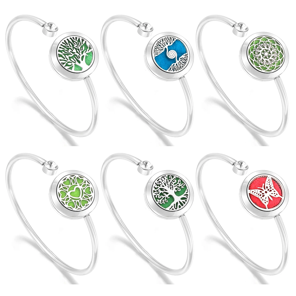 New Tree of Life Aromatherapy Diffuser Bracelets Stainless Steel Spiral Open Bangle Perfume Essential Oils Diffuser Jewelry Gift