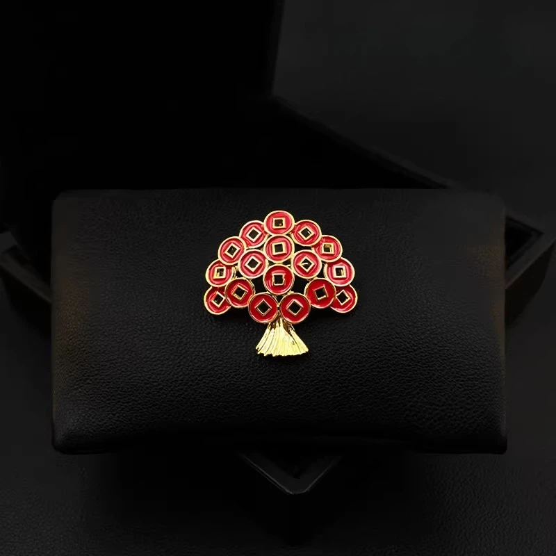 

New Year Lucky Money Tree Brooch Chinese Style Red Enamel Copper Coin Pin for Women Coat Dress Accessories Holiday Gift 6040