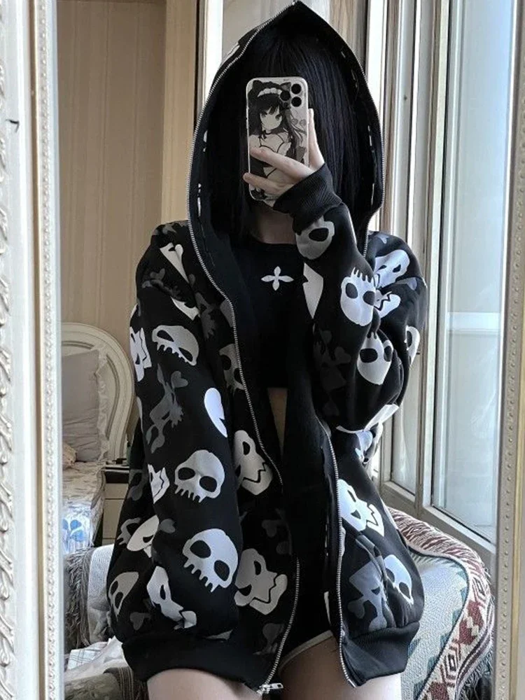 INSCUTEE Harajuku Y2k Skull Sweatshirt Women Dark Gothic Cyber Punk Long Sleeve Zipper Cardigan Hoodie Streetwear Rave Outfits