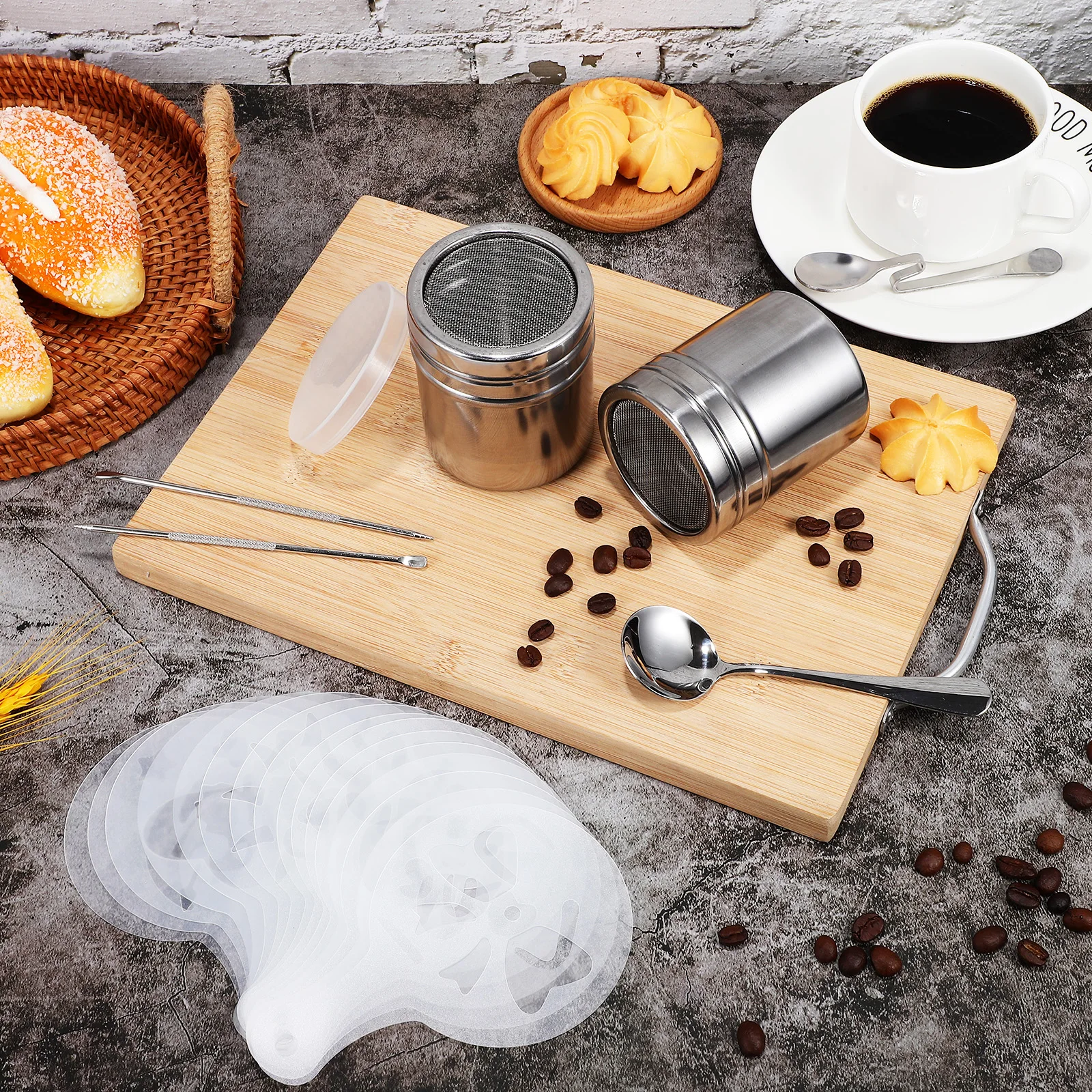 

1 Set Coffee Decorating Stencils Kit Stainless Steel Latte Art Templates Powder Shaker Dispenser Mixing Spoons For Cappuccino