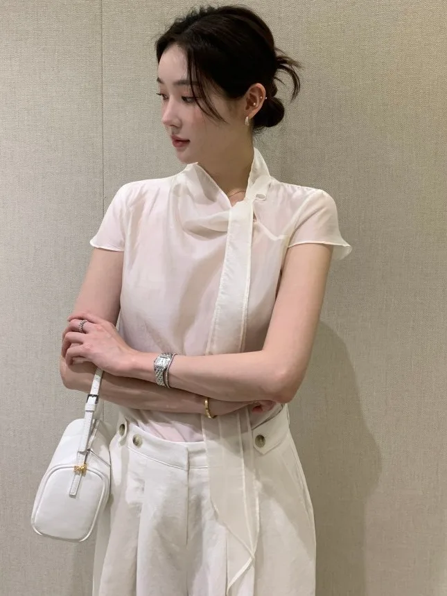 Csa e doce de manga curta para mulheres com faixa e nó borboleta estilo casual solto ajuste cor pura verão