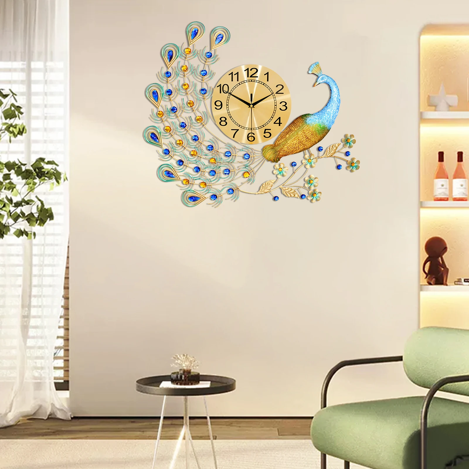 Large Peacock Wall Clock for Living Room Decor Big Peacock Wall Clocks Silent Luxury Peacock Clock for Dining Room Bedroom