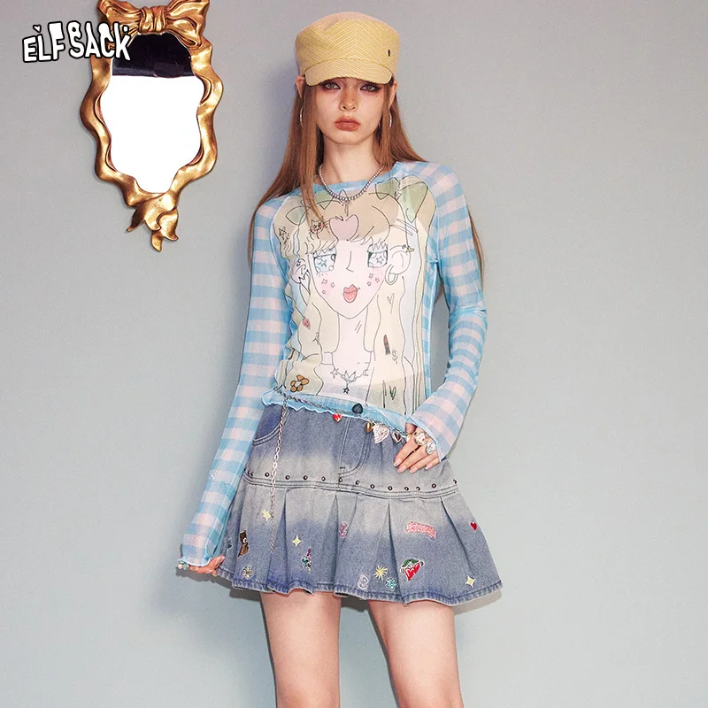 ELFSACK 2025 Summer New Arrival Sweet Cool Y2K Checkered Printed Mesh Design Sense Top Long Sleeve T-Shirt For Women