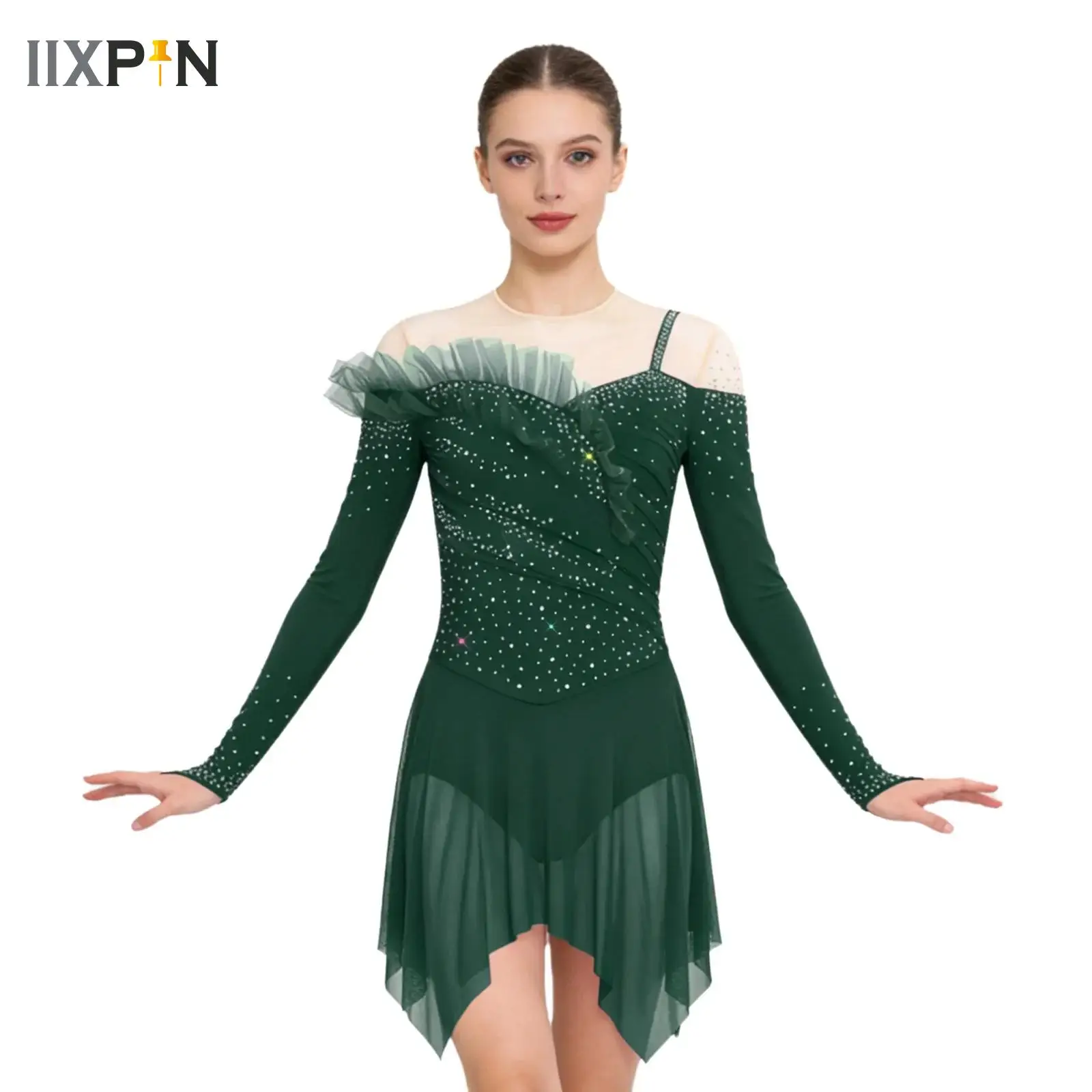 

Womens Asymmetrical Skirted Leotard Dress Rhinestones Ruched Mesh Overlay Gymnastics Latin Contemporary Lyrical Dancewear