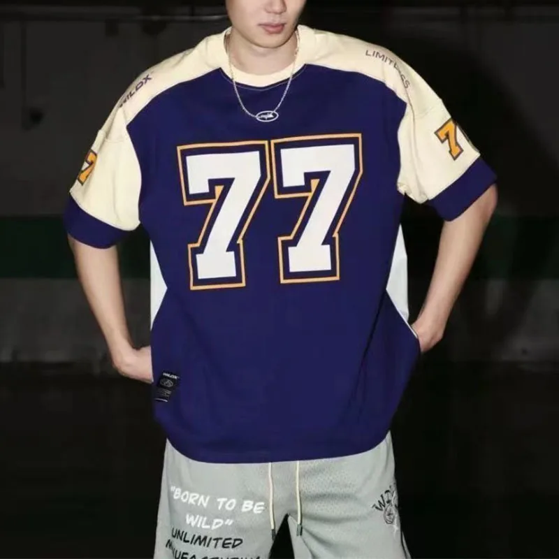 American Short-sleeved Retro Sports Casual Splicing Rugby Basketball T-shirt Hip-hop Jersey 77 European and American Ice Hockey