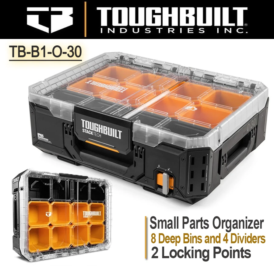 TOUGHBUILT TB-B1-O-30 11-Compartment Large Plastic Small Parts Organizer Includes 8 Deep Bins and 4 Dividers