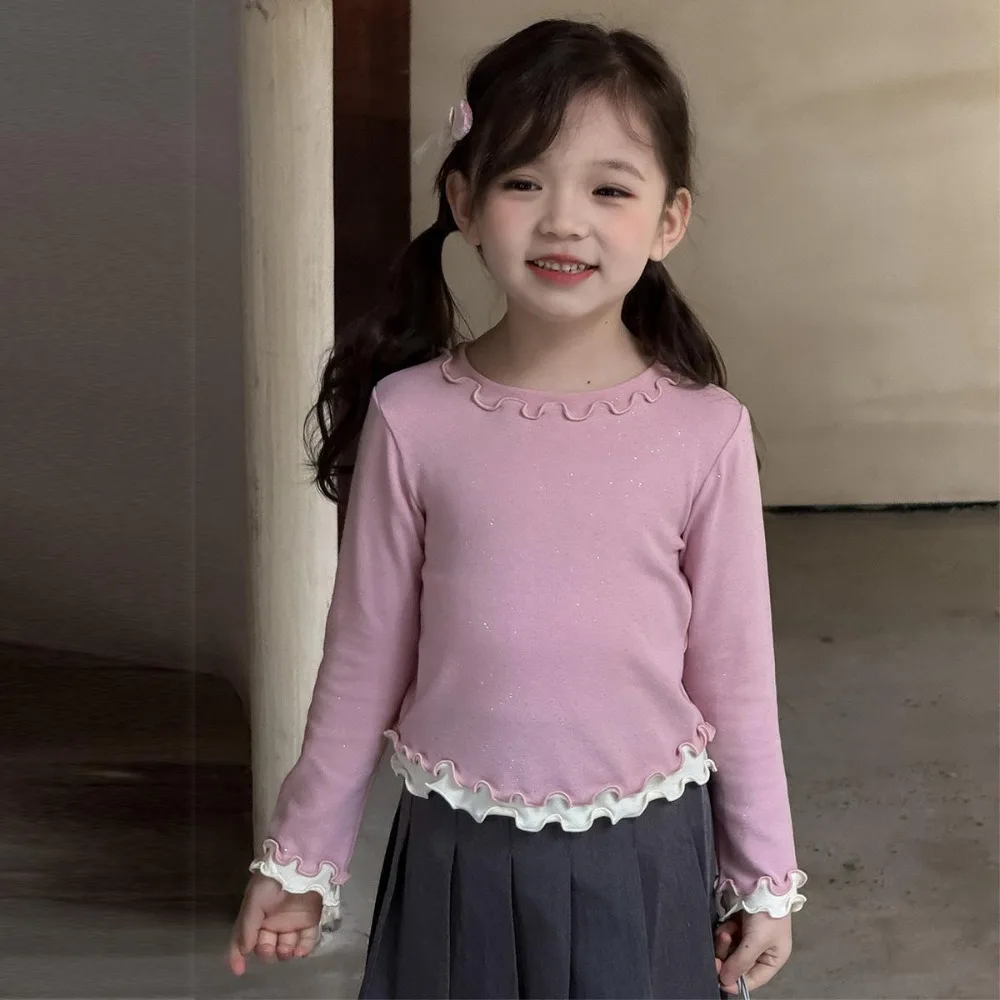 Bear Leader الربيع والخريف جديد الفتيات أسفل القميص النسخة الكورية أزياء من الدانتل الربط وهمية قطعتين طويلة الأكمام تي شيرت