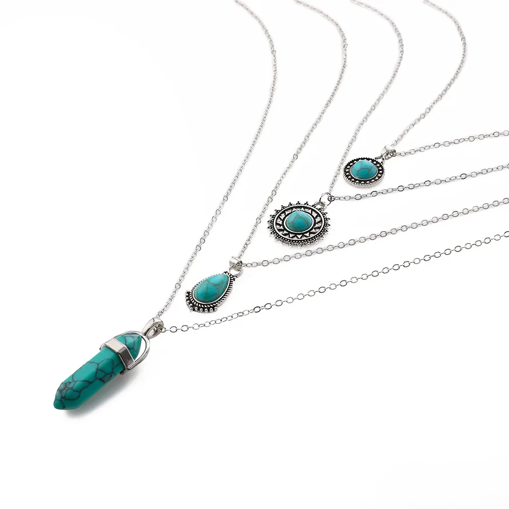 

Vintage Bohemian Turquoise 4-Layer Necklace Pendant Set