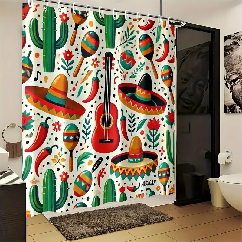 1pc Mexican Style Shower Curtain, Featuring Elements Unique to Mexico Such As Wide-Brimmed Hats, Maracas, Guitars, Cacti, And Re