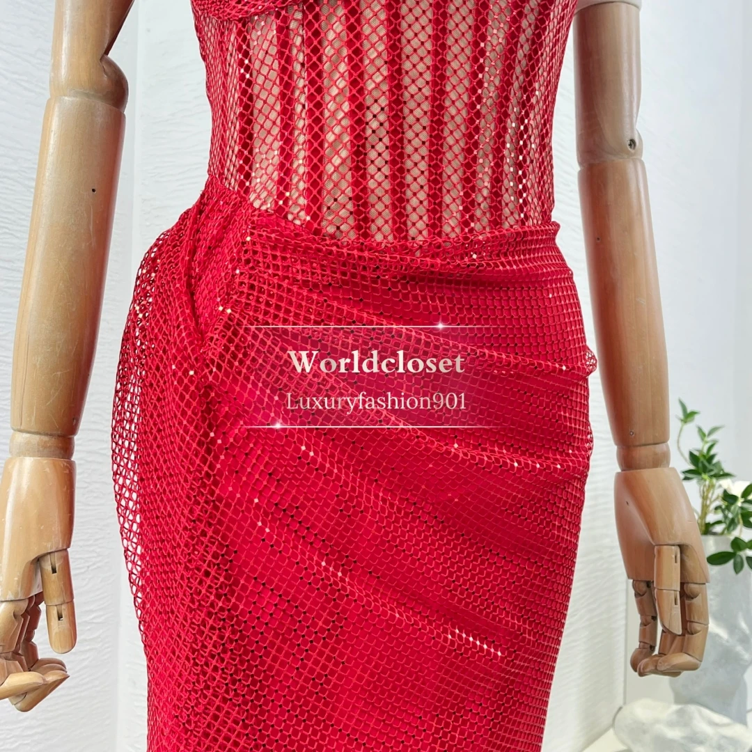 

2025 New Beautiful Red Sleeveless Sequin Beading Mermaid Fishtail Maxi Dress