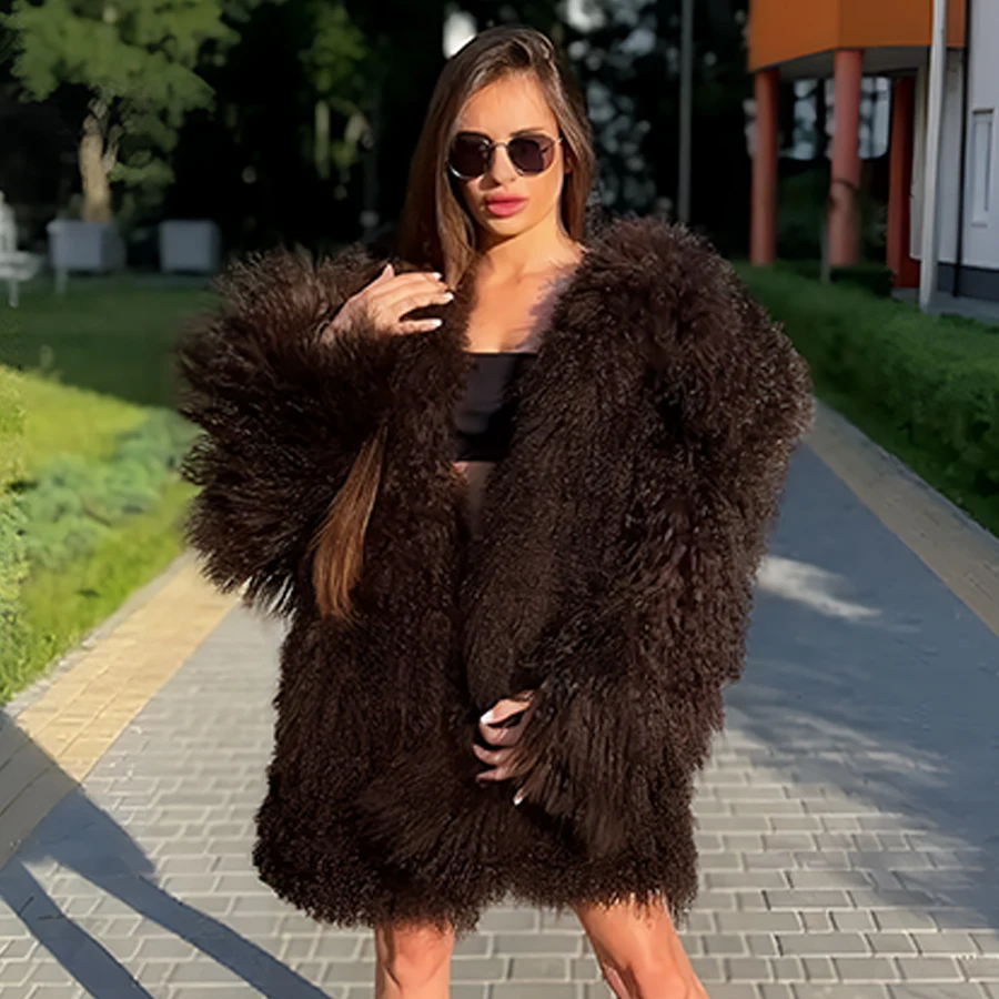 

Mongolian Fur Coat Women's Winter Jacket Brown Natural Sheep Fur Jacket Long Lamb Fur Coat 2024 New Fashion Luxury Real Fur