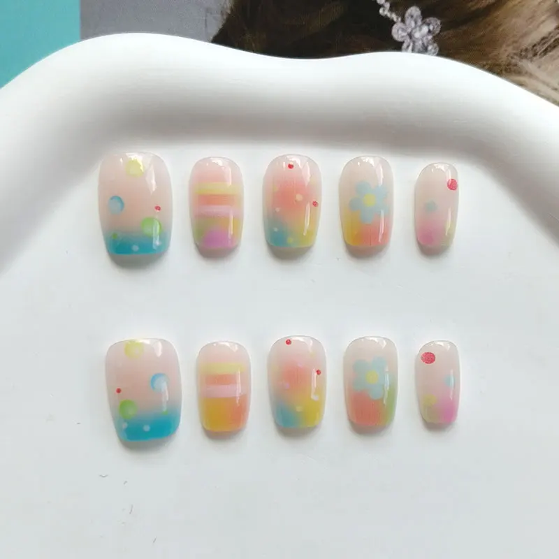 10Pcs Rainbow Bubble Gum Sweet Cute Press on Nails Macaron Colorful Gradient Wave Points Detachable Removable False Nails Art