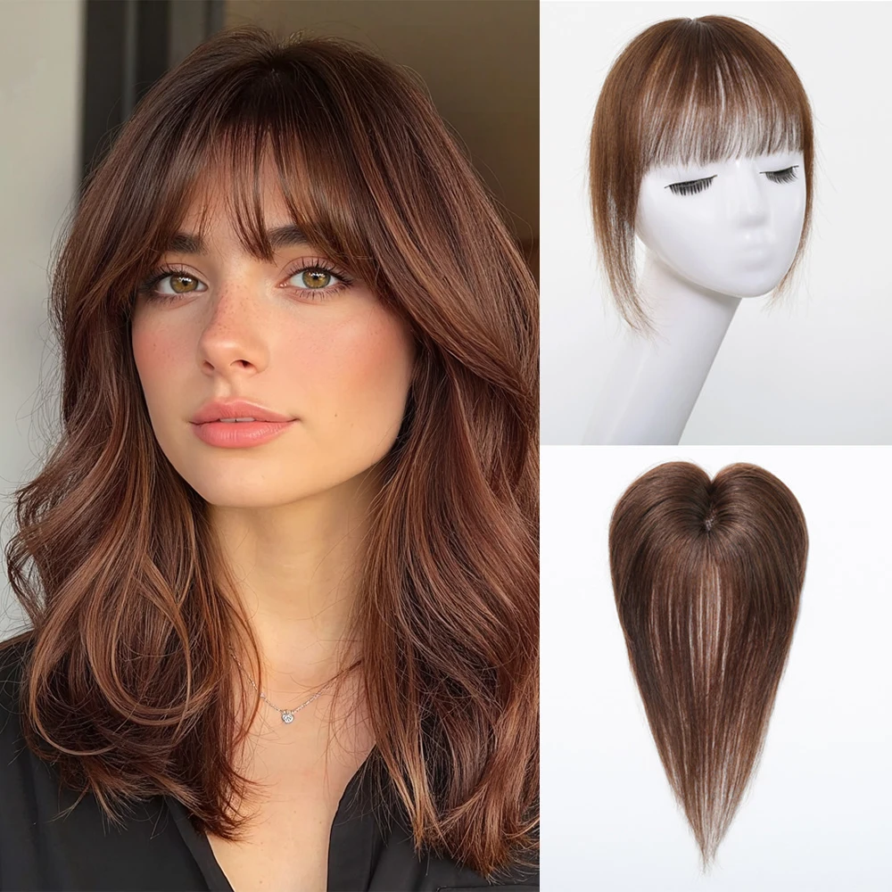 100% Remy Human Hair Toppers Natural Brown 3D Wispy Bangs Full Coverage for Women Hair Loss Natural Looking Topper Hairpieces