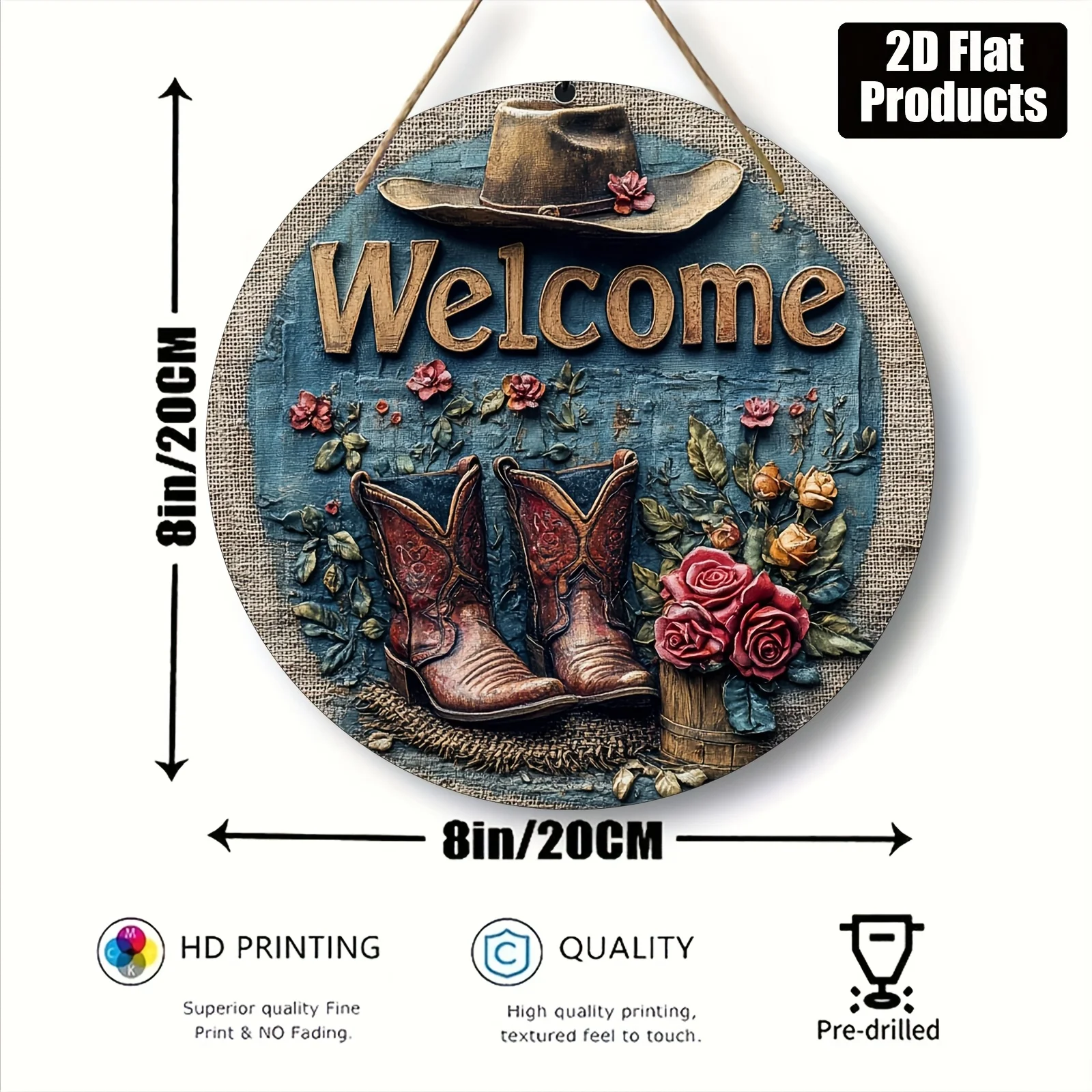 2D Retro Metal Sign Flat Circle Wood Board Cowboy Welcome Theme Bar Kitchen Coffee Home Office Wall Decor