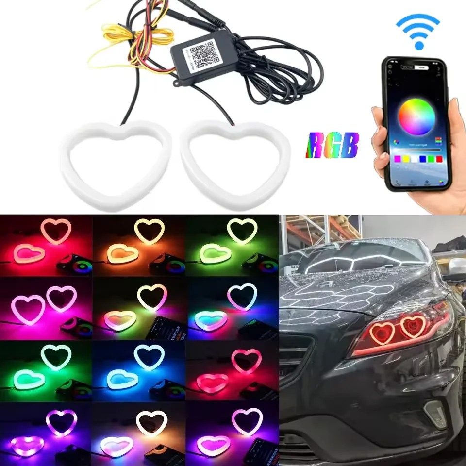 

2 шт., кольцо Halo Angel Eyes RGB в форме сердца с управлением через Bluetooth, динамический светодиодный указатель поворота Angel Eyes DRL для фар автомобиля