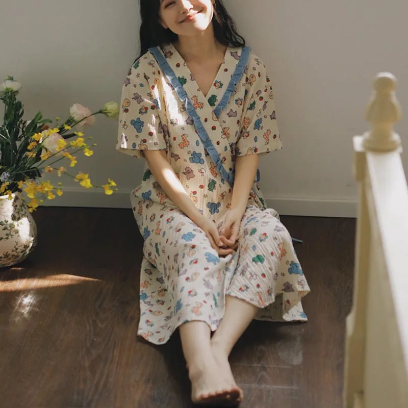 Maternity Summer Lightweight Short-sleeved Kimono Feeding Nightgown Crinkle Cotton Postpartum Midi Breastfeeding Dress