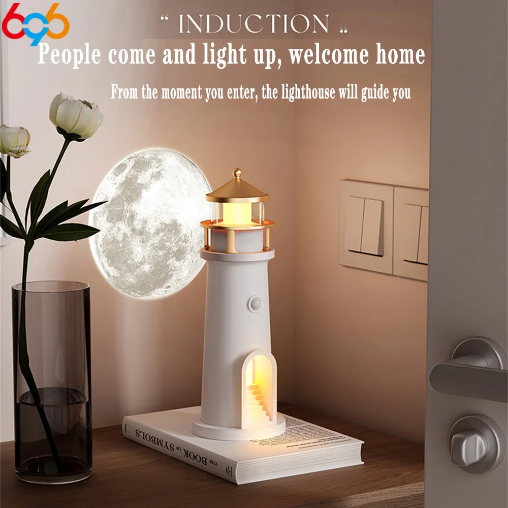 Moon Projection Night Light Rechargeable Ambient Night Motion Sensor Lamp Bluetooth Music Lighthouse Home Decor Holiday Gift