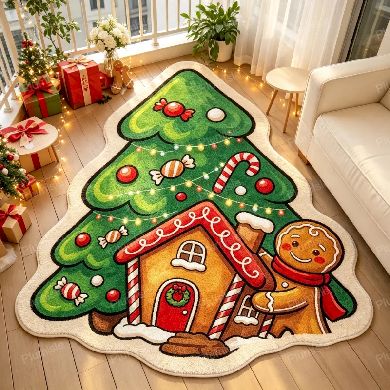 VIKAMA Christmas Tree Gingerbread House Floor Mat Shaped Anti Slip Water Absorbing Soft Carpet Round Entrance Home Decoration