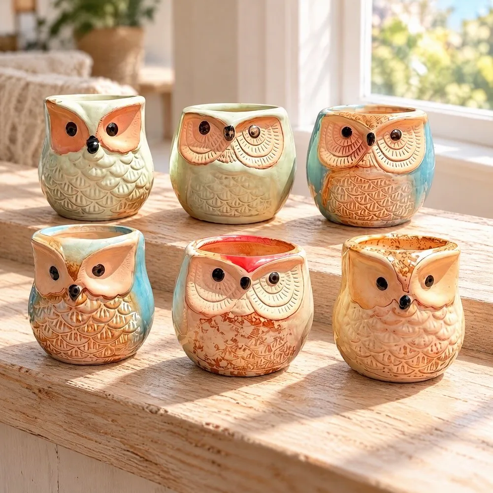 6pcs Owl-shaped For Succulent Flower Pot Simple Breathable Animal-Themed Terracotta Flower Pot With Pre-drilled Drainage Hole