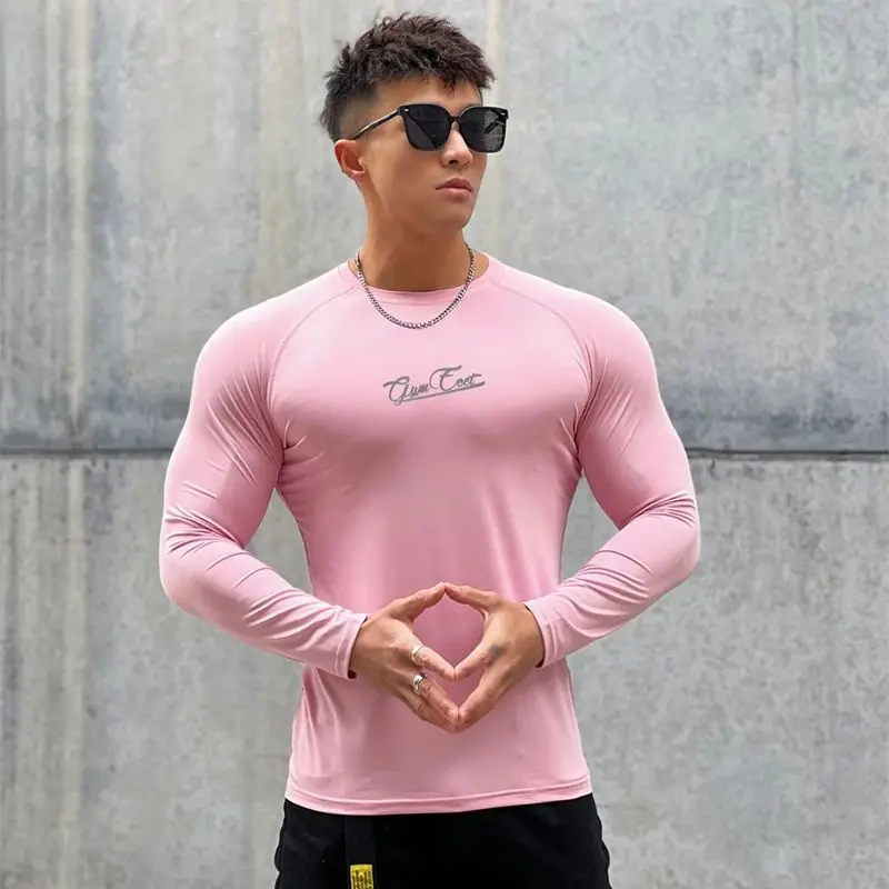 White long sleeve men's T-shirt crewneck top Fashion fitness bodyfitting stretch sportswear exercise fitness menswear