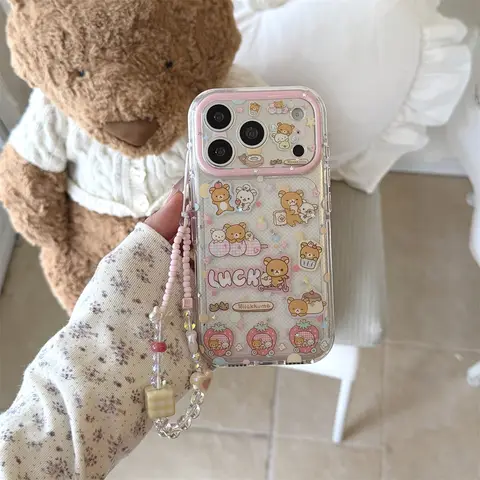 Cute Strawberry Rilakkuma Phone case for iPhone 17 Pro 16 Pro Max 15 Pro Cover With Chain Fundas kawaii Cartoon Shockproof Cases