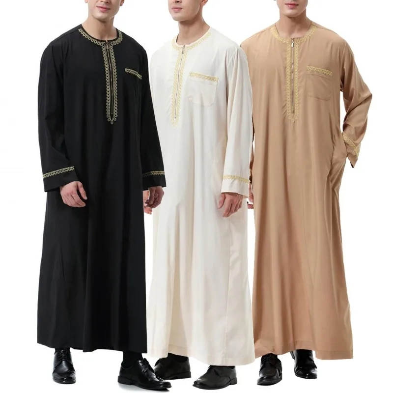 Men's Muslim Robes Middle East Arab Ramadan Islamic Clothing Solid Color Casual Lace Round Neck Long Sleeve T-shirt Dress Tunic