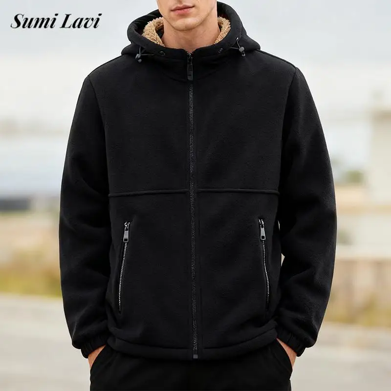 

Повседневная повседневная куртка с капюшоном и флисовой подкладкой, пальто для мужчин, осень-зима, винтажный кардиган на молнии с длинными рукавами, топы, мужские модные куртки
