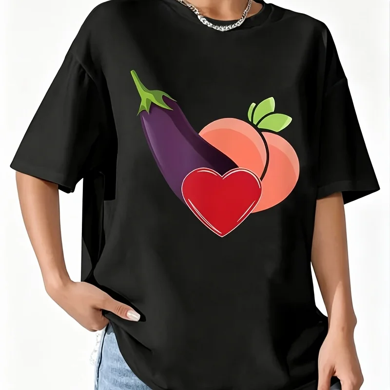 Funny Silly Grinder Love Peach and Eggplant Humor Women's T-Shirt 100% Cotton Fun Print Short Sleeve Top Casual Round Neck Tee S-5Xl