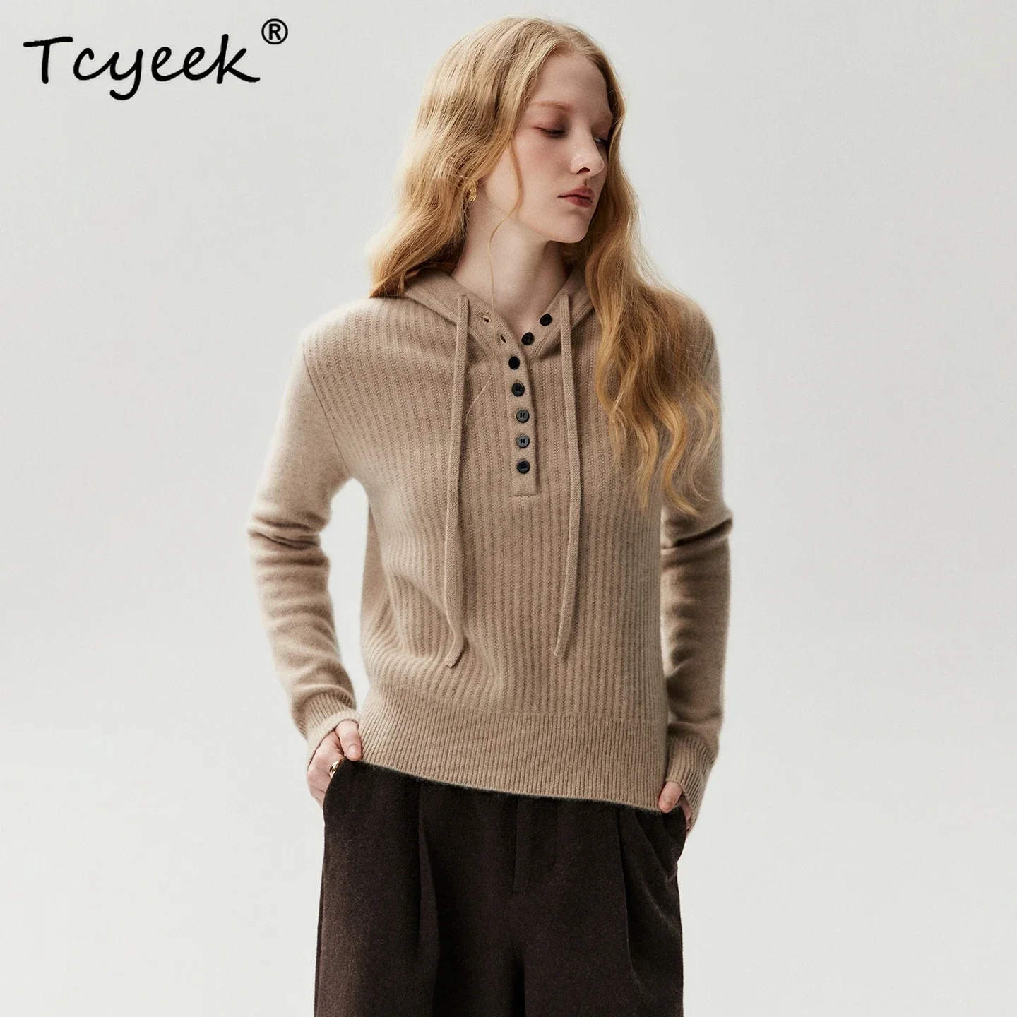 Women's Hooded Pullover 100% Cashmere Sweatser Autumn Winter Clothes Elasticity Vertical Strip Half Buckle Drawstring Thick Knit