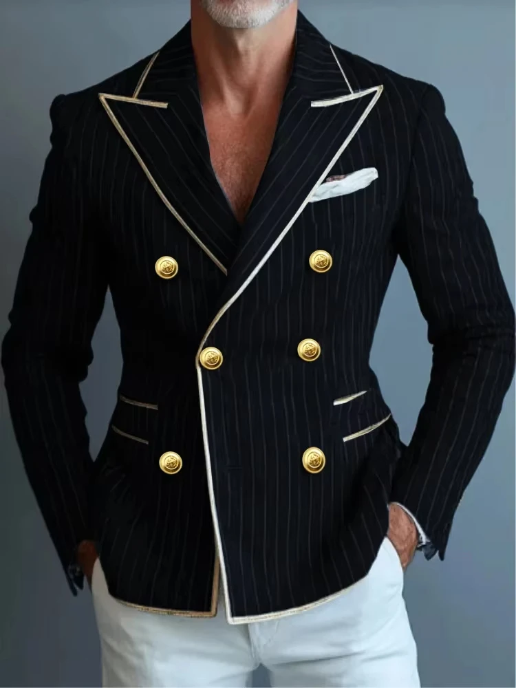 Blazers ajustados a rayas de gama alta para hombre, chaqueta de novio con solapa en pico de negocios, esmoquin Formal para graduación, trajes elegantes con doble botonadura para hombre