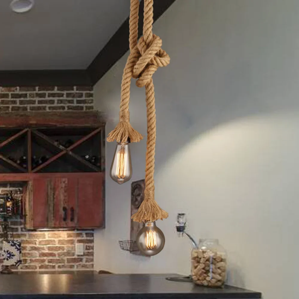 Vintage Hemp Rope Pendant Light Retro Industrial Hanging Lamps Creative Loft Country Style Ceiling Lamps E27 Edison LED Lighting