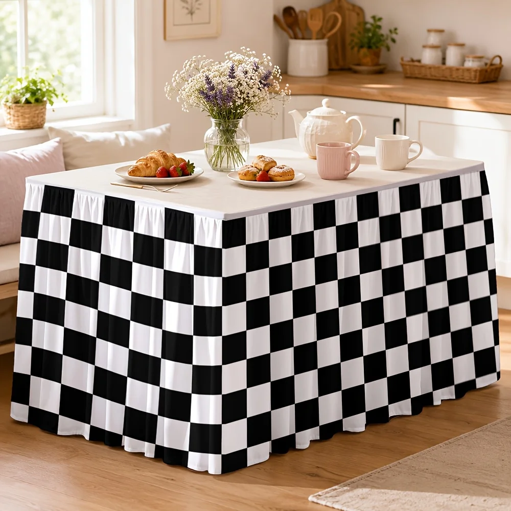 1 tablecloth table skirt black and white plaid pattern, suitable for wedding reception, banquet and dining event decoration