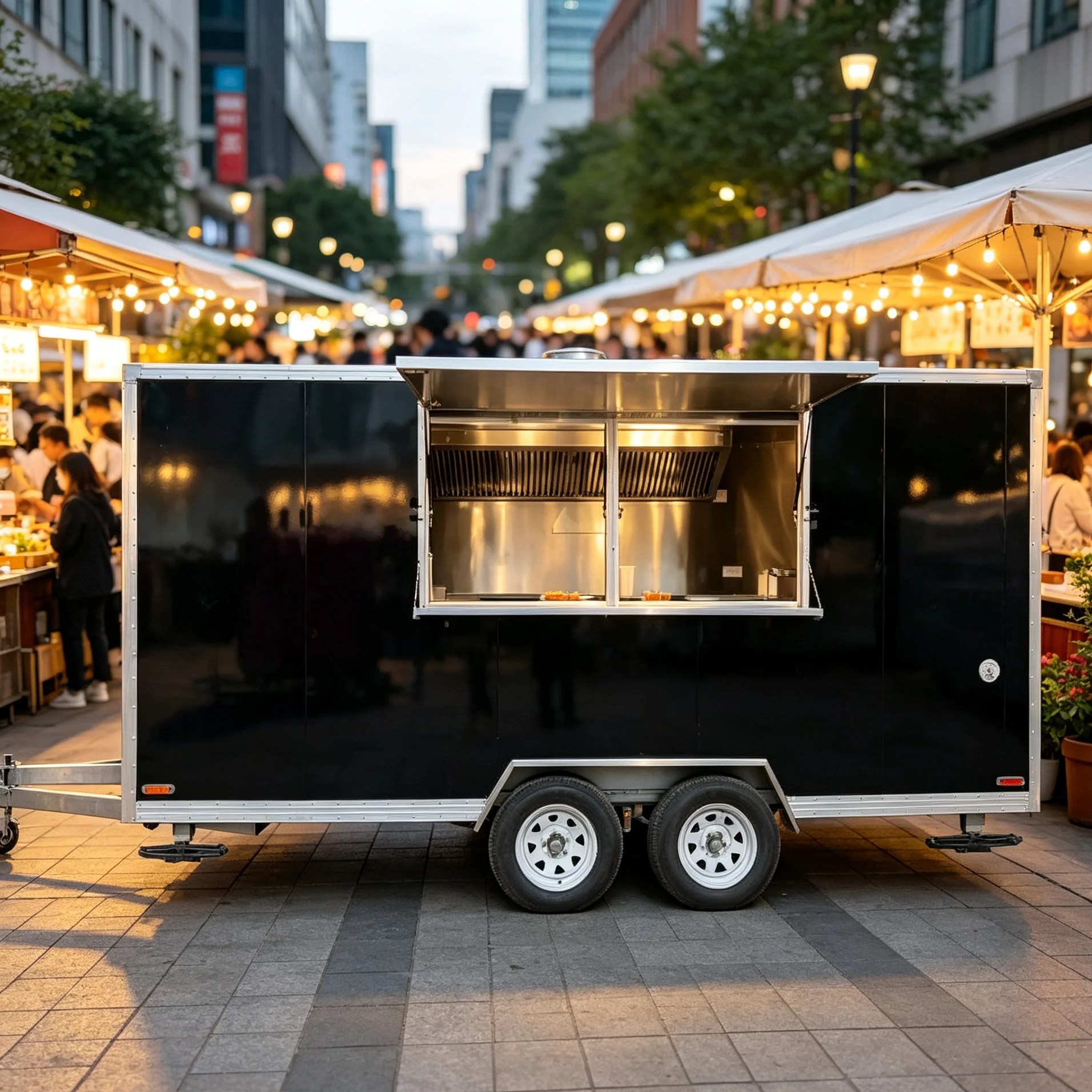 High‑end Custom Double Window Black Mobile Food Trailer Stainless Steel Food Vending Cart For Outdoor Street Business