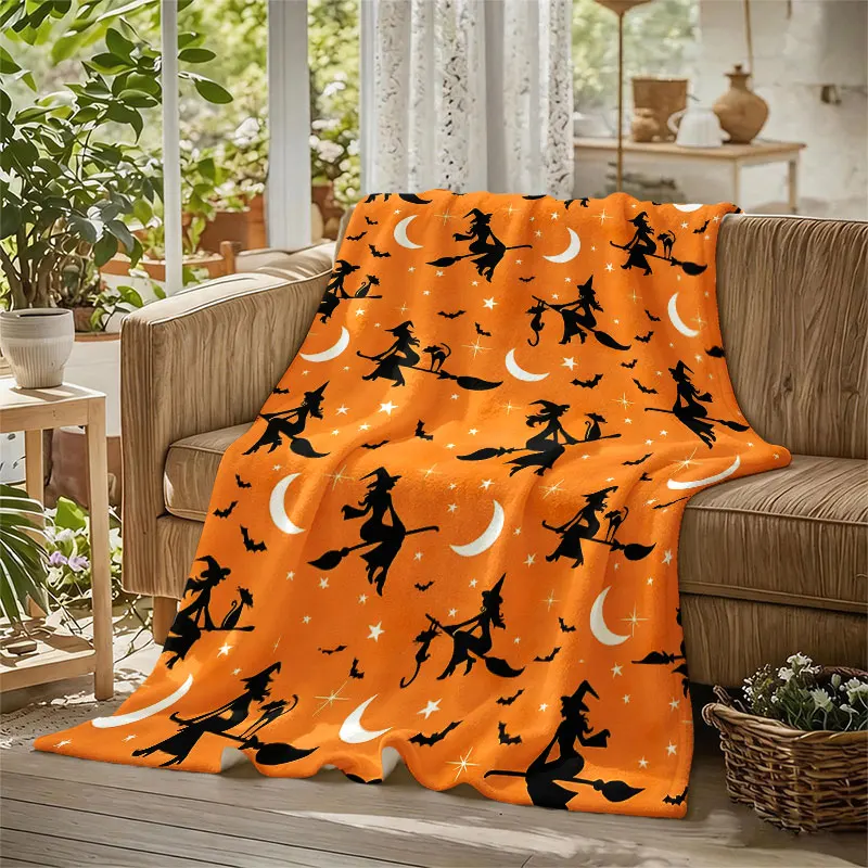 Halloween Witch Silhouette Flannel Blanket Warm Soft Halloween Christmas Decorative Couch Warm Cozy All-Season Gift
