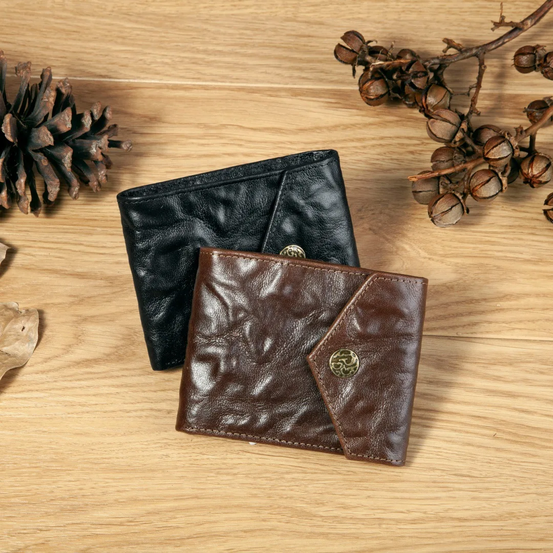 Horizontal Style Slim Front Pocket Wallets Men's Real Leather Snap Closure Bifold Wallet for Men with Card Slots & ID Window